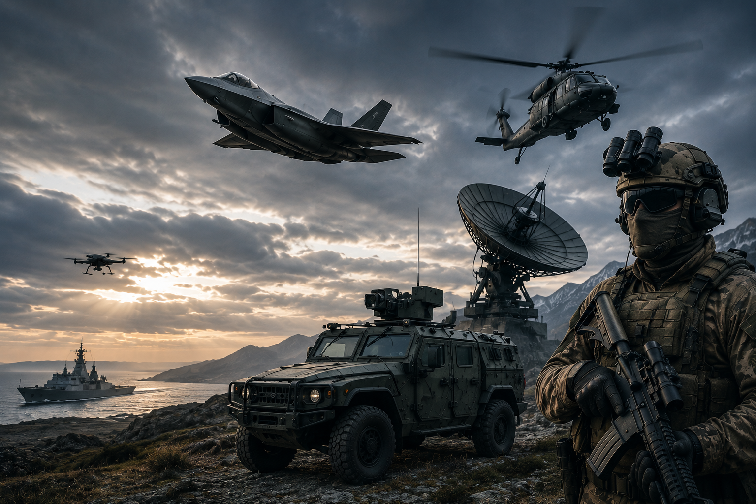 Defence and security operations: fighter jet, helicopter, naval vessel, armoured vehicle, radar and special forces operator at dusk